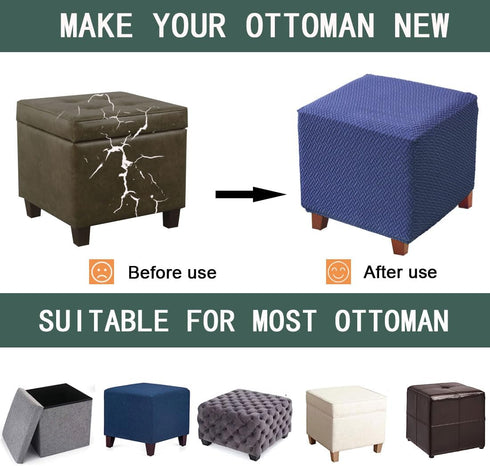 Ottoman Cover Jacquard Stretch Square Slipcover Thick Folding Storage Cover Footstool Protector With Elastic Bottom