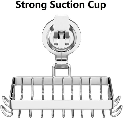 Suction Cup Soap Holder Shower, 304 Stainless Steel Soap Dish with 4 Hooks, Silver