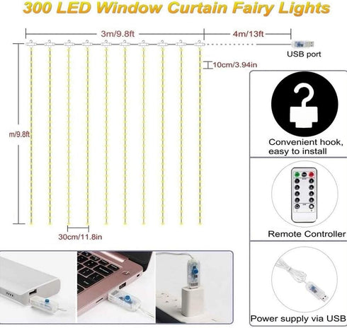 Curtain Lights String Lights Bedroom - 300 LED 9.8x9.8Ft Twinkle String Light Decorations for Indoor Outdoor Decor
