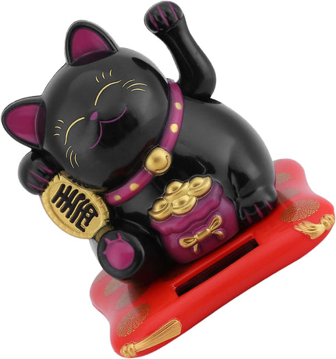 Lucky Beckoning Cat, Solar Powered Waving Wealth Cat, Feng Shui Decor, 3" Tall, Black