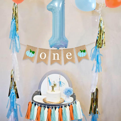 Gankbite 1st Boy Pumpkin Birthday Supplies Blue Orange Little Pumpkin One High Chair Banner Fall Burlap Autumn Cake