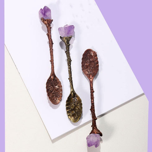2pcs Retro Crystal Antique Spoon, Amethyst Crystal Alloy Mini Coffee Tea Spoons for Home Office Ice Cream