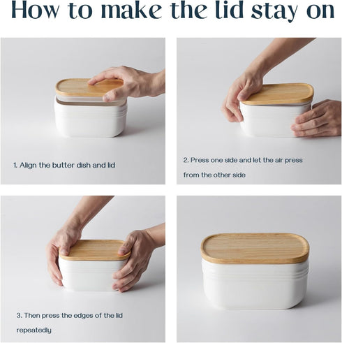 DOWAN Extra Large Ceramic Butter Dish - Airtight Butter Keeper with Wooden Lid for Countertop or Fridge, White