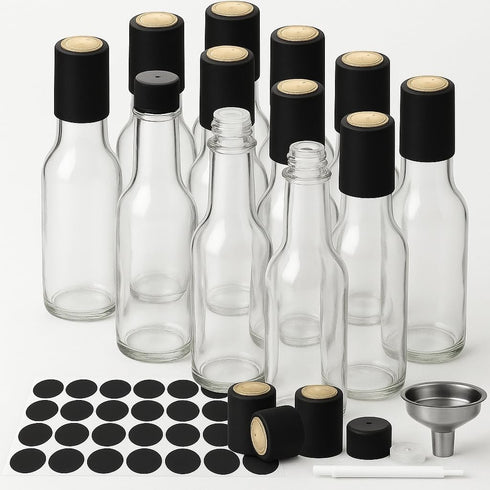 WERTIOO Hot Sauce Bottles, 12-Pack 5oz Glass Containers with Caps & Funnel for Homemade Oil, Vinegar