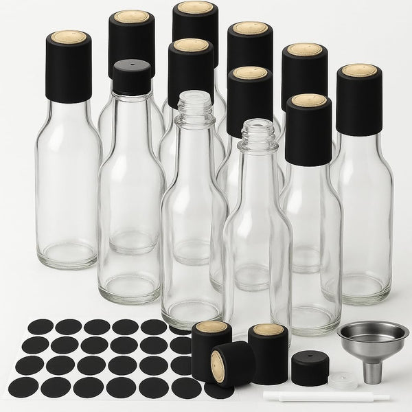 WERTIOO Hot Sauce Bottles, 12-Pack 5oz Glass Containers with Caps & Funnel for Homemade Oil, Vinegar