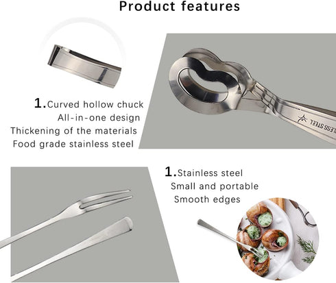 DOERDO 6PCS Stainless Steel Escargot Snail Tongs with Forks, Kitchen Cooking Tool for Serving, 6 Inch