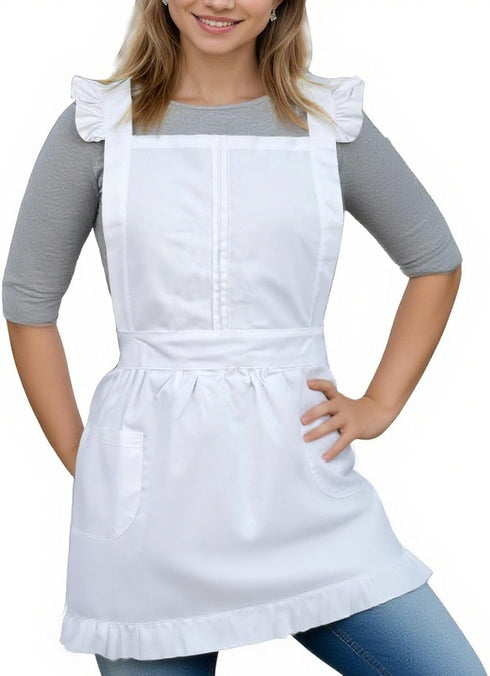 2 Love Potato Retro Style Cotton Kitchen Apron for Women - Adjustable Cross Back Ties, Pockets - White