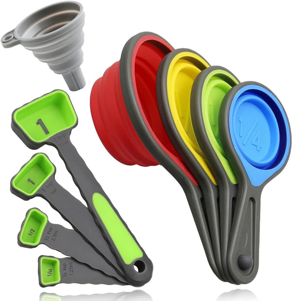 leepiya Measuring Cups and Spoons Set, Collapsible 8 Piece Measuring Tool, BPA Free Silicone, Colorful