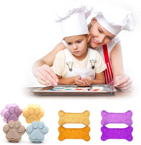 Set of 5 Silicone Molds Puppy Dog Paw & Bone Shaped 2 in 1 with Stainless Steel Bone Cookie Cutter for Homemade Treats