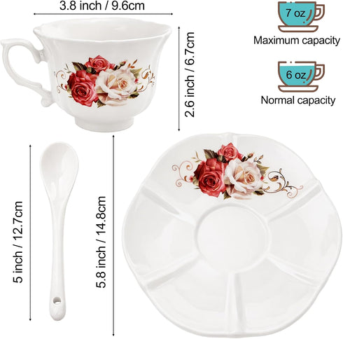 Set 6, 6 oz Set, Foraineam Tea Cup and Saucer of Porcelain Ivory Rose Tea Cups with Saucers and Spoons, Floral Coffee
