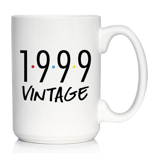 Vintage 1999 Fun 25th Birthday Coffee Mug, Retro 15oz White Ceramic Gift for Men & Women Turning 25