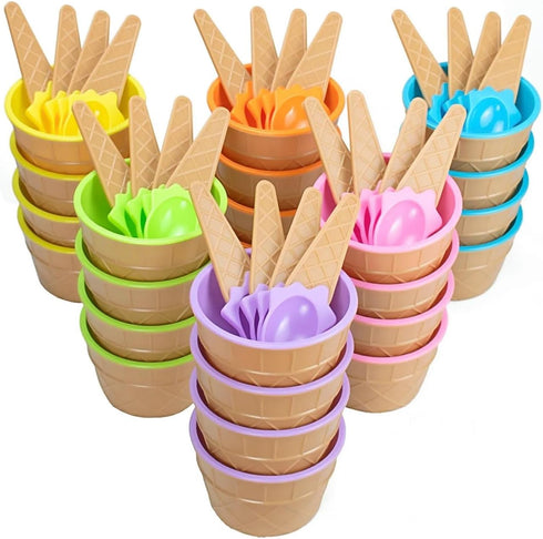 Lawei 24 Pack Plastic Ice Cream Bowls with Spoons, Reusable Fun Ice