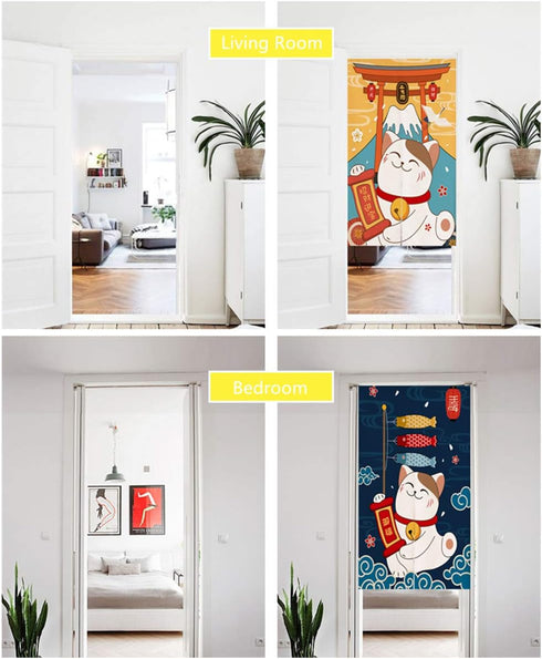 Japanese Noren Doorway Curtain Tapestry, Maneki Neko Lucky Cat Design, 33 x 35 inches