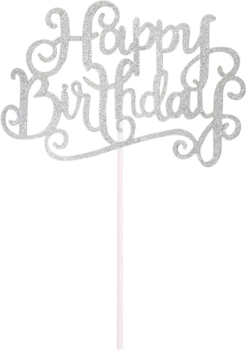 Allazone 1 PCS 'HAPPY BIRTHDAY' Cake Topper & 7 PCS Pentacle Stars Cake Toppers Decoration, Silver