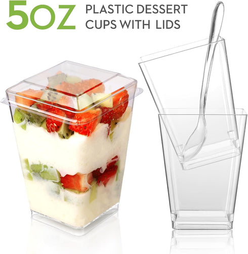FIFWVGP 100 Pack 5 oz Plastic Dessert Cups With Lids and Spoons, Yogurt Parfait Appetizer Cups for Party, Mini Dessert