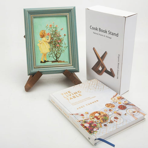 Rustic Cookbook Holder Stand for Kitchen - Wooden Recipe Book Holder for Kitchen Counter with Natural Wooden Grains