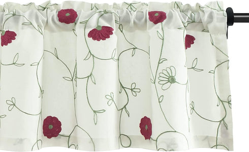 VOGOL White Valances for Small Windows, Flowers Embroidered Window Valances for Kitchen Living Room, 52 x 18 Inches