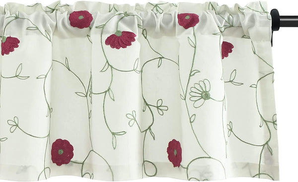 VOGOL White Valances for Small Windows, Flowers Embroidered Window Valances for Kitchen Living Room, 52 x 18 Inches