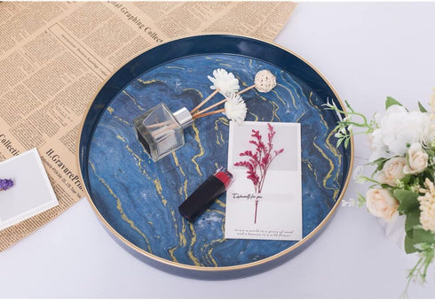 13" MAONAME Round Decorative Tray, Marbling Plastic Tray with Handles, Coffee Table Trays for Ottoman, Kitchen