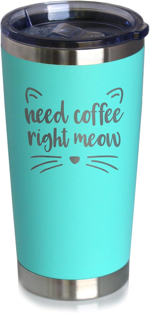 Bevvee Need Coffee Right Meow - Insulated Coffee Tumbler Cup with Sliding Lid, Stainless Steel Mug - Cat Themed Gifts -