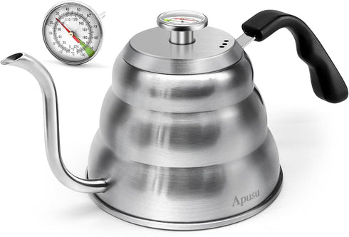 Tea Kettle with Thermometer, Silver Gooseneck 28 oz Stainless Steel Pour Over Coffee Kettle for Stovetop Tea