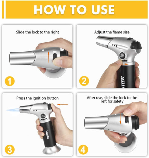 TBTEEK Butane Torch - Kitchen Cooking Torch with Safety Lock & Adjustable Flame for BBQ, Baking, Brulee, DIY Soldering