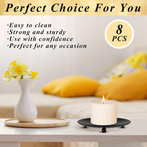 8PCS Black Iron Plate Candle Holder - 4'' Stand Plate for LED & Wax Candles, Decorative Pillar Candle Plate for Weddings