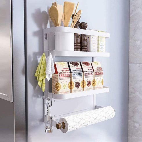 Magnetic Spice Rack for Refrigerator, White Magnetic Paper Towel Holder, Kitchen Organization and Storage