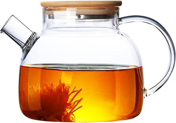 Glass Teapot with Strainer, 34oz/1000ml Borosilicate Kettle, Stovetop & Microwave Safe, Wooden Lid