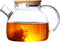 Glass Teapot with Strainer, 34oz/1000ml Borosilicate Kettle, Stovetop & Microwave Safe, Wooden Lid