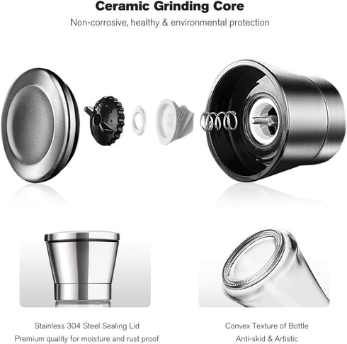 Premium Salt and Pepper Grinder Set with Stand - Stainless Steel Manual Spice Adjustable Coarseness (Pack of 2)