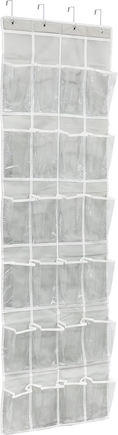 Simple Houseware 24 Pockets Over The Door Hanging Shoe Organizer, Crystal Clear, Gray (64'' x 19'')