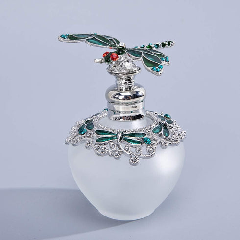 YU FENG 40ml Fancy Empty Crystal Perfume Bottle, Green Dragonfly Stopper, Refillable Glass Container