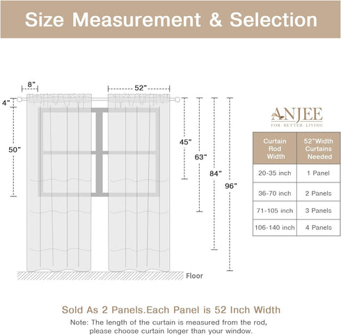 Anjee White Sheer Curtains, 45 Inches Long, 2 Panels Set, 52 x 45 Inch for Kids Room