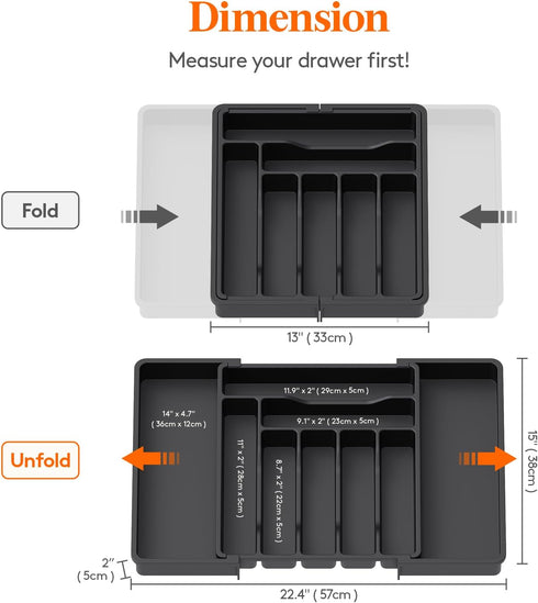 Lifewit Expandable Silverware Drawer Organizer, Adjustable Utensil Tray for Kitchen Drawers, Large Black Storage