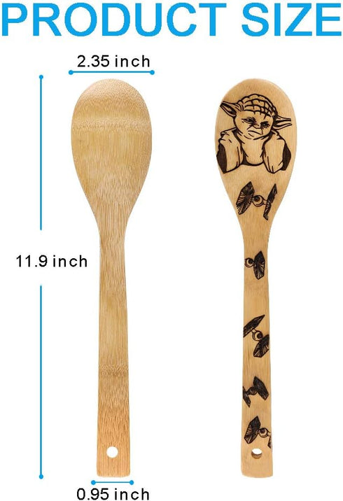 Star War Burned Wooden Spoons Utensil Set, Natural Bamboo Kitchen Cooking Serving Utensils