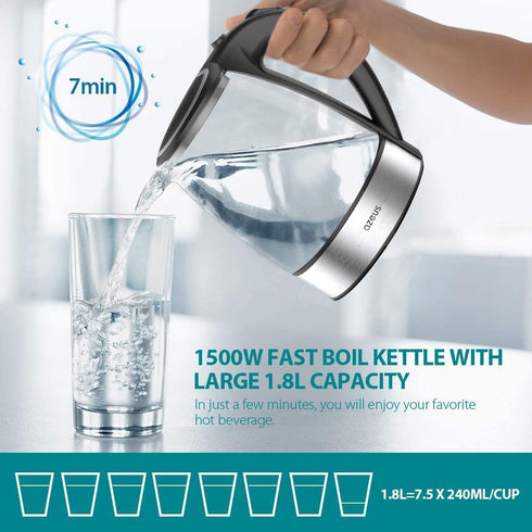 Fast Boil Electric Water Kettle, 1.8L with Auto Shut-Off and Boil-Dry Protection, BPA-Free Borosilicate Glass &