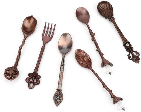 Fdit 6Pcs Vintage Carved Coffee Spoon Set, Retro Zinc Alloy Dessert Cutlery for Kitchen (Red Bronze)