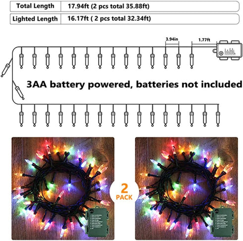 BrizLabs Christmas Lights Multicolor, 2 Pack, 17.94ft, 50 LED String Lights, Green Wire, 8 Modes