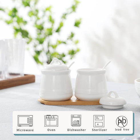 HAOTOP 2 Pack Ceramic Sugar Bowl with Tray, Spoon and Lid, Porcelain Jar for Sugar, Pepper, Coffee, Spice, 12 Ounces