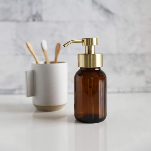 Rail19 Amber Glass Apothecary Foaming Soap Dispenser with Metal Pump, 8.5oz for Kitchen and Bathroom Countertop, Gold