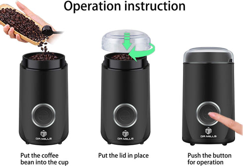 DR MILLS DM-7441 Electric Coffee Grinder, Spice Grinder, Blade & Cup Made with SUS304 Stainless Steel (Black)