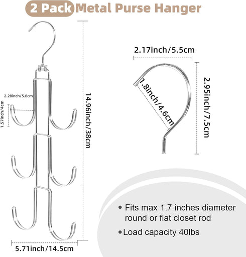 2 Pack Purse Hanger Organizer for Closet - Handbag Storage Organizer for Bags, Belts, Hats, Scarves, Ties