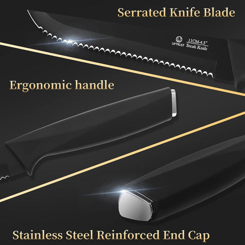 Steak Knives Set of 6, High-Carbon Stainless Steel Serrated Knives, Elegant Black, Dishwasher Safe