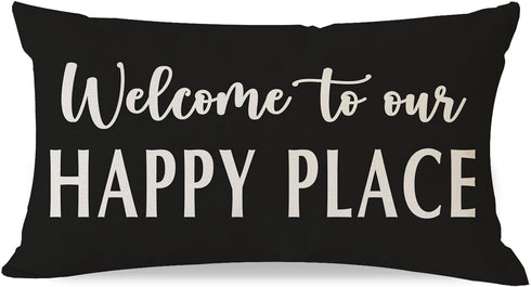 Decorative Throw Pillow Cover 12x20 Inch Welcome to Our Happy Place Black