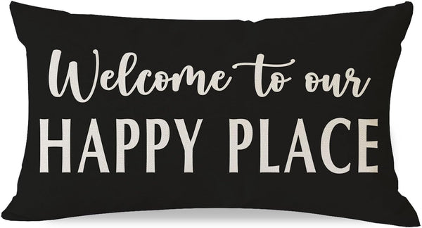 Decorative Throw Pillow Cover 12x20 Inch Welcome to Our Happy Place Black
