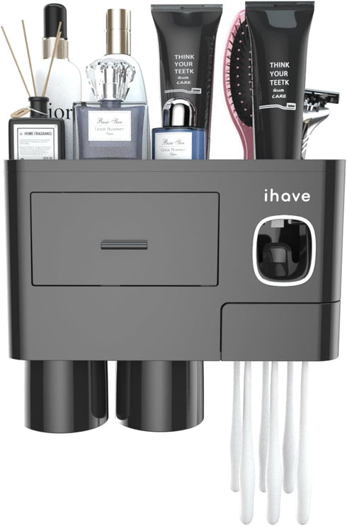 2 iHave Toothbrush Holders for Bathrooms, Cups Toothbrush Holder Wall Mounted with Toothpaste Dispenser - Large