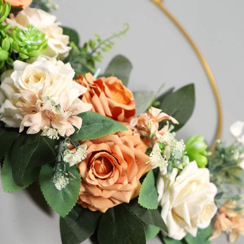 Floral Hoop Wreath, Iron Artificial Rose Flower Wreath for Front Door, Wedding Party Nursery Decor - Orange