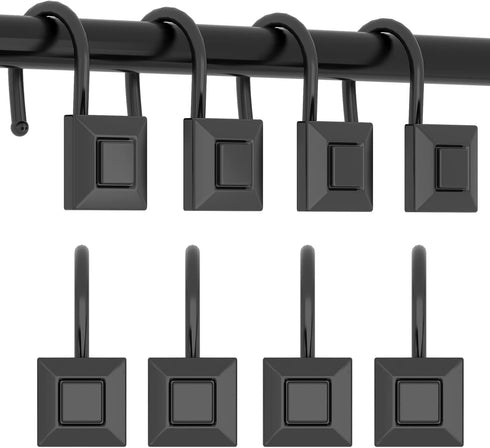 GILLAS Set of 12 Decorative Shower Curtain Hooks - Rust Resistant Square Rings for Bathroom, Black