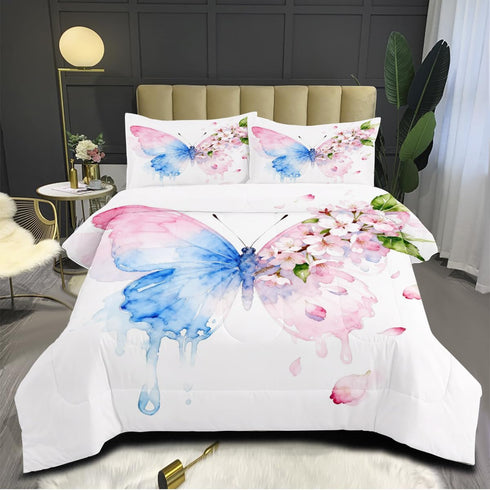 CCoutueChen Butterfly Comforter Set Queen 3 Pieces Blue Pink Butterfly Bedding Set